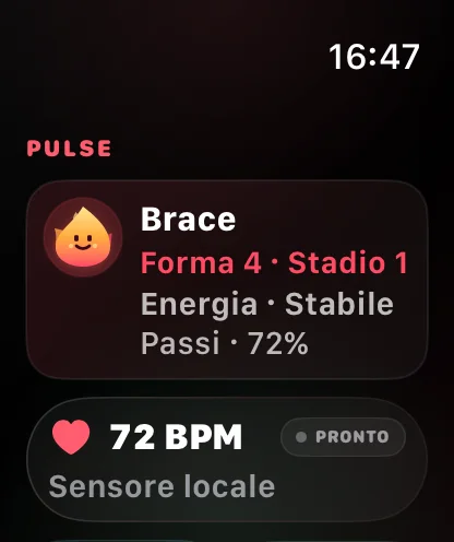 Dashboard Pulse con compagno Brace e battito su Apple Watch