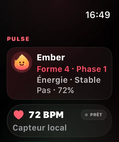 Tableau de bord Pulse avec le compagnon Ember et la fréquence cardiaque sur Apple Watch