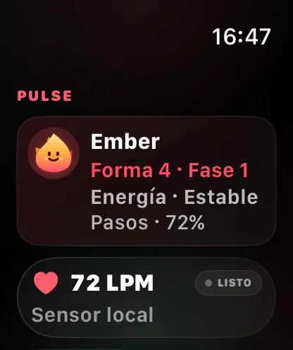 Panel de Pulse con el compañero Ember y el pulso en Apple Watch
