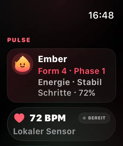 Pulse-Dashboard mit Ember-Begleiter und Herzfrequenz auf der Apple Watch