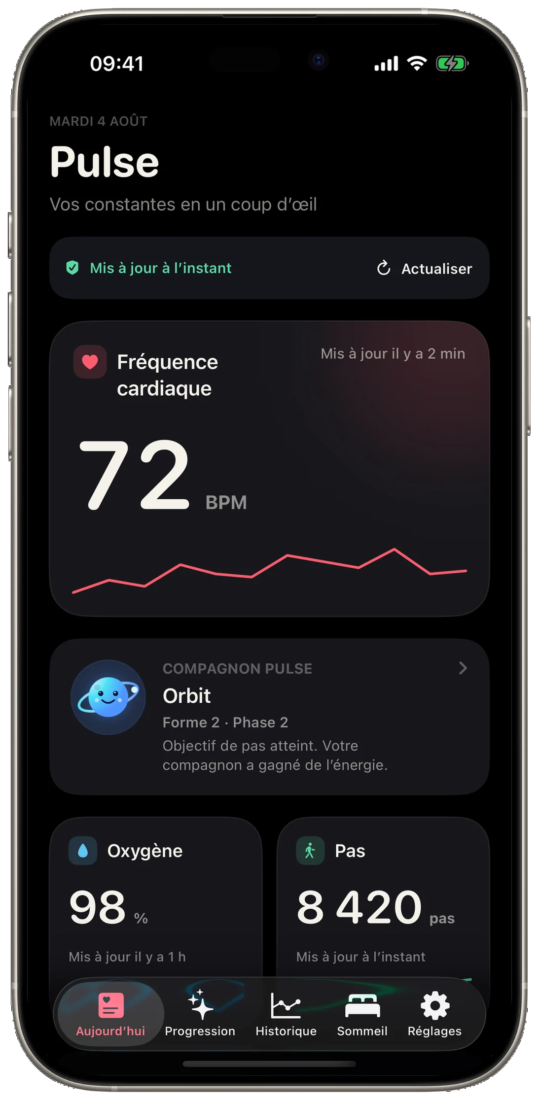 Écran Aujourd’hui de Pulse 1.5 sur iPhone avec fréquence cardiaque, oxygène, pas et compagnon Orbit