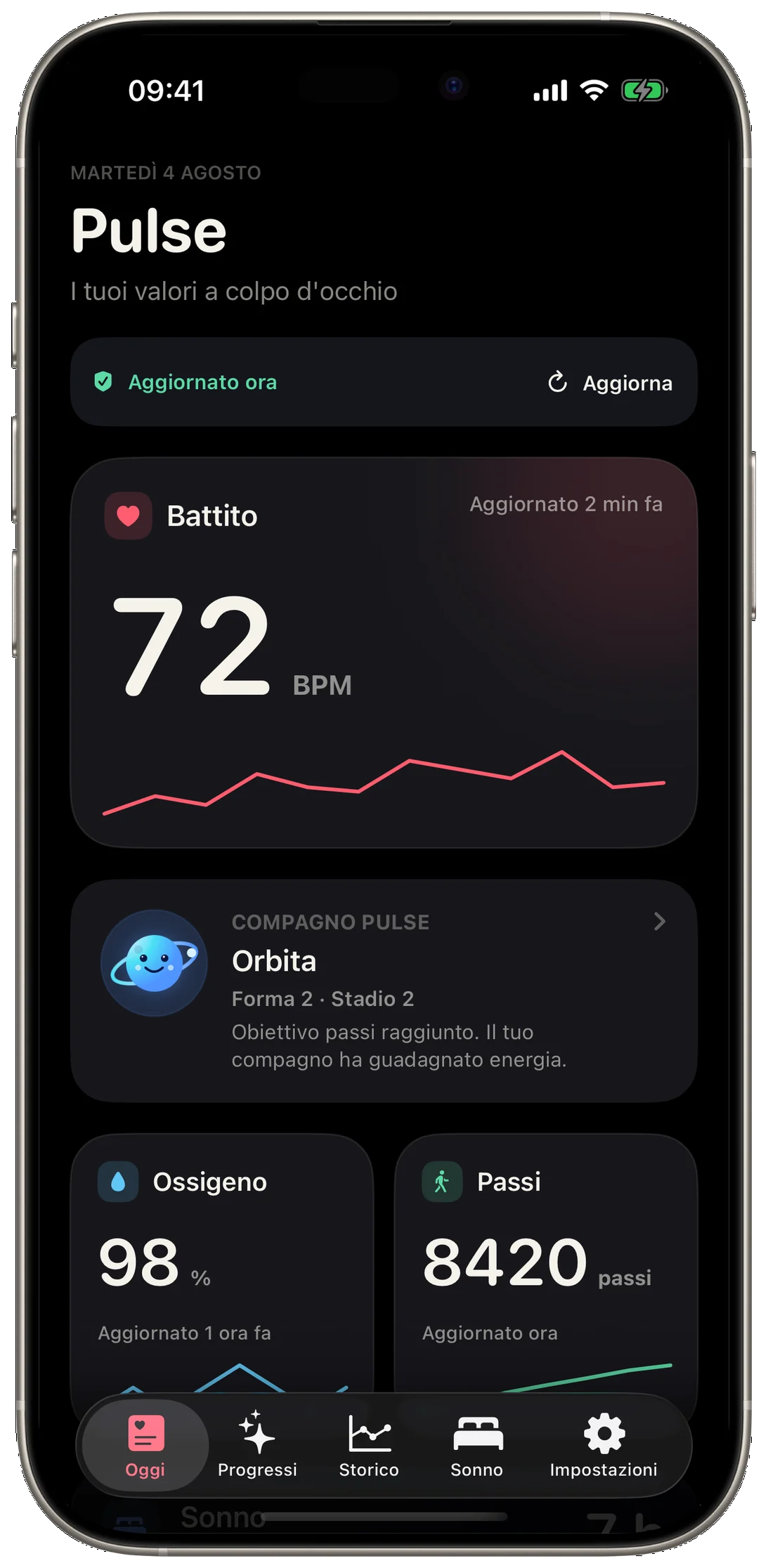 Schermata Oggi di Pulse 1.5 su iPhone con battito, ossigeno, passi e compagno Orbita