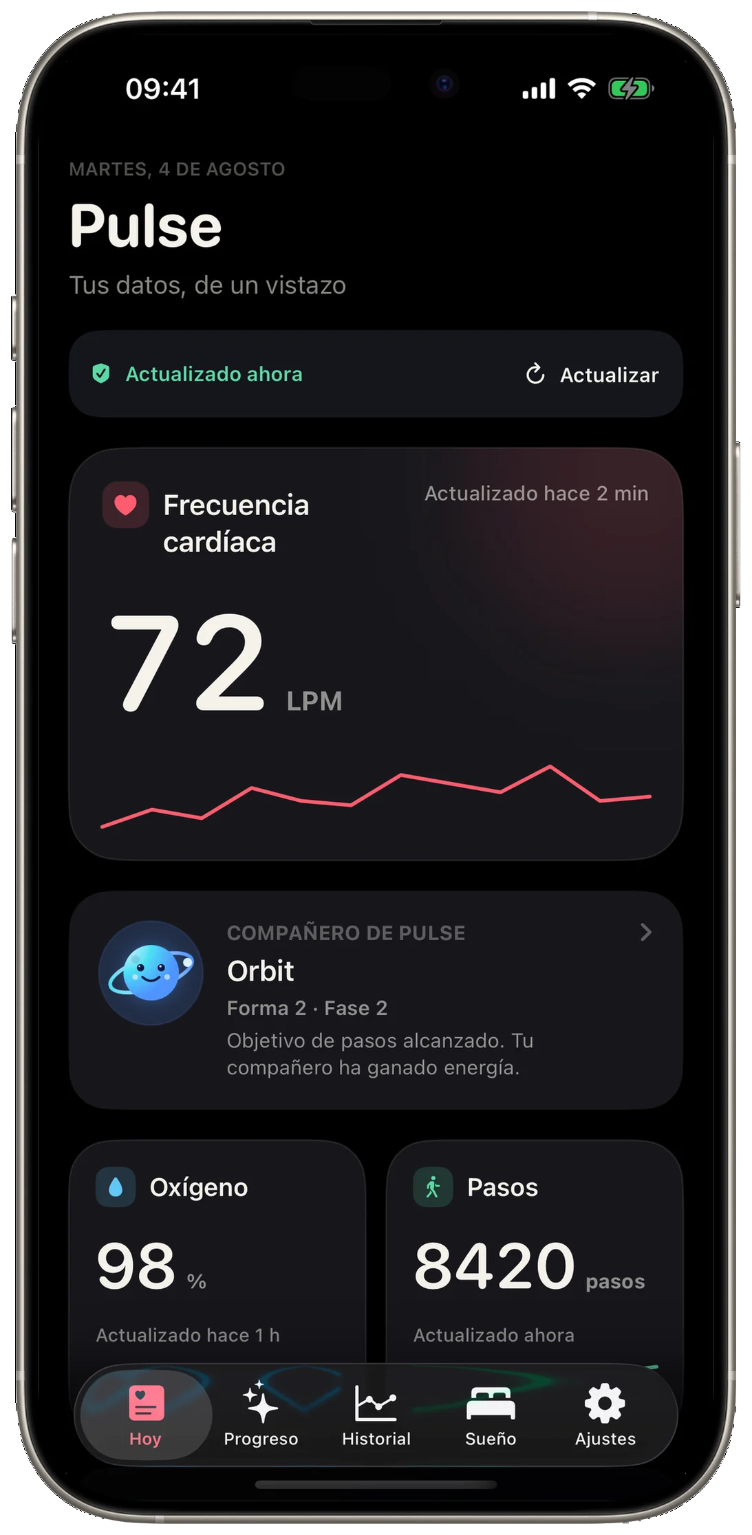 Pantalla Hoy de Pulse 1.5 en iPhone con pulso, oxígeno, pasos y el compañero Orbit